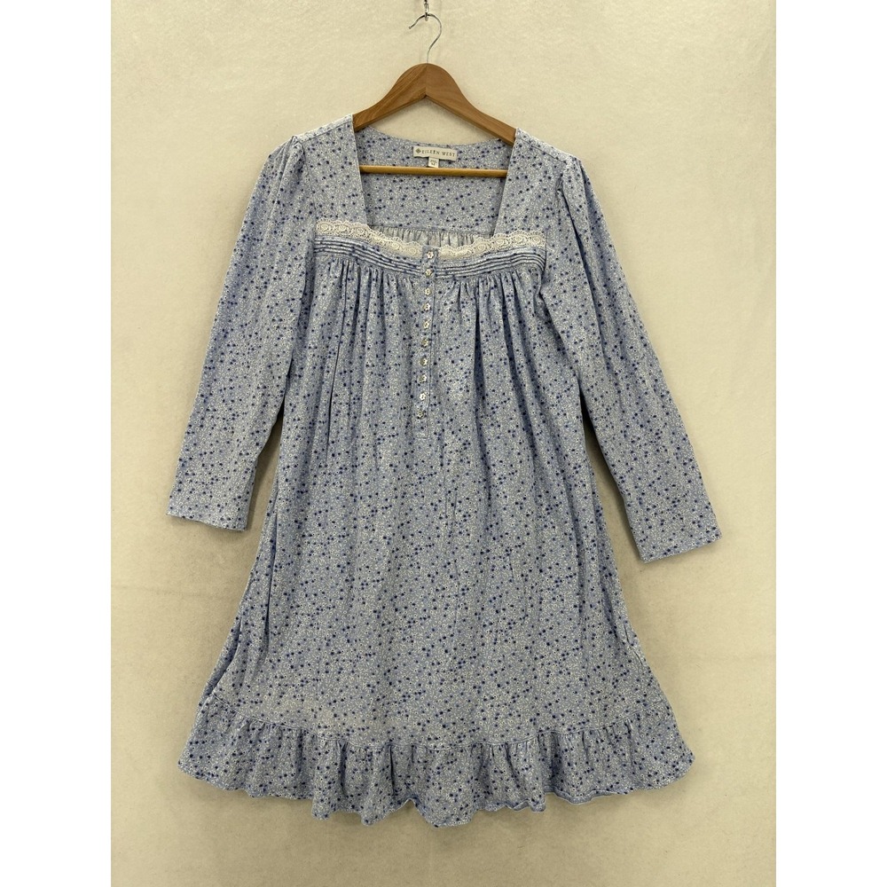 Eileen West Gown Womens Medium Blue Floral Lace Cotton Long Sleeve Nightgown